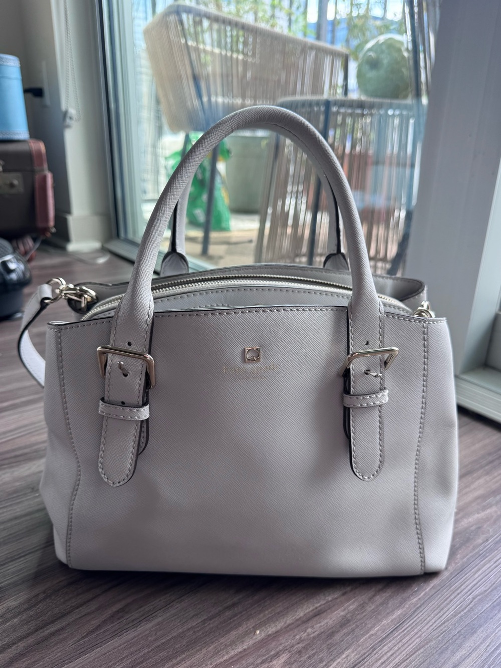 kate spade light gray leather satchel with gold hardware